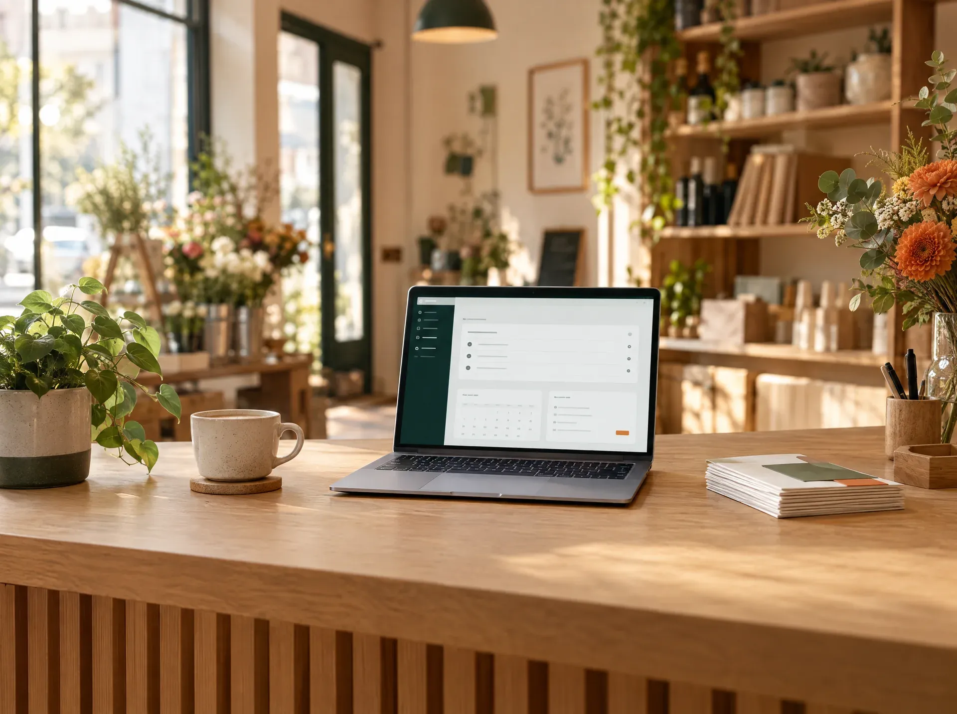 Die Theke eines kleinen Blumenladens am Morgen: ein offener Laptop, eine Tasse Kaffee und Pflanzen