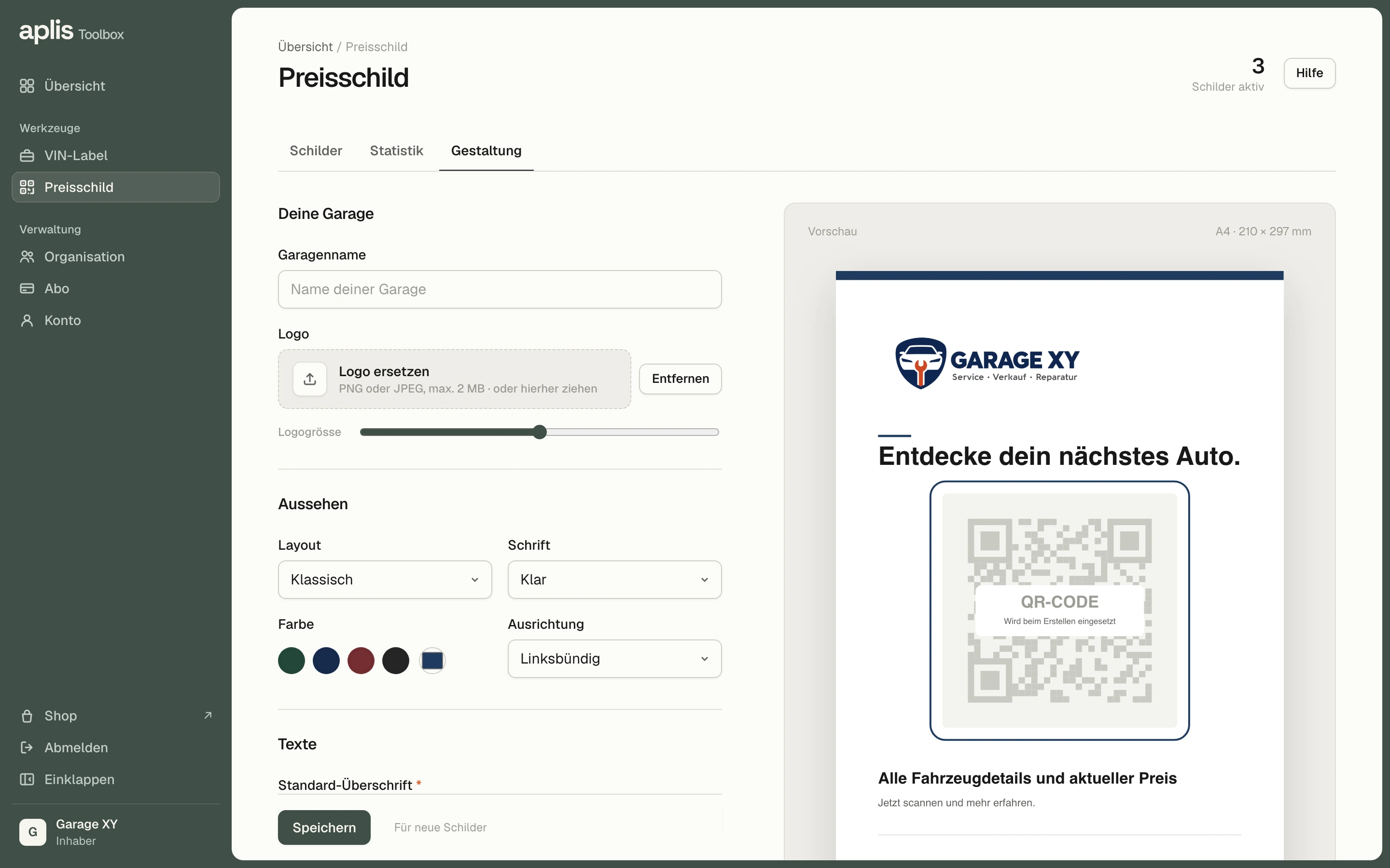 Der Tab «Gestaltung»: Logo, Layout, Schrift, Farbe und Ausrichtung, daneben die A4-Vorschau des Schilds