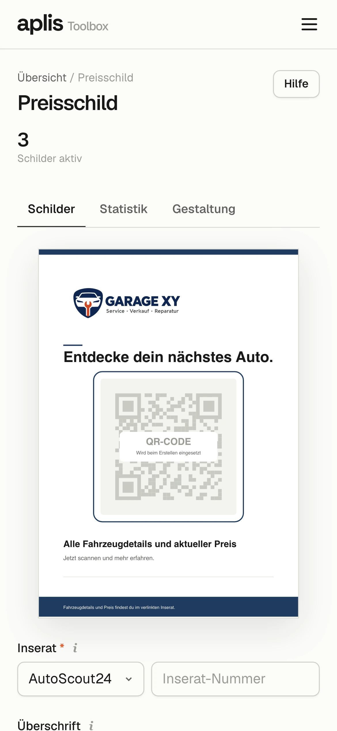 aplis Preisschild auf dem Handy: der Tab «Schilder» mit der Vorschau des A4-Schilds