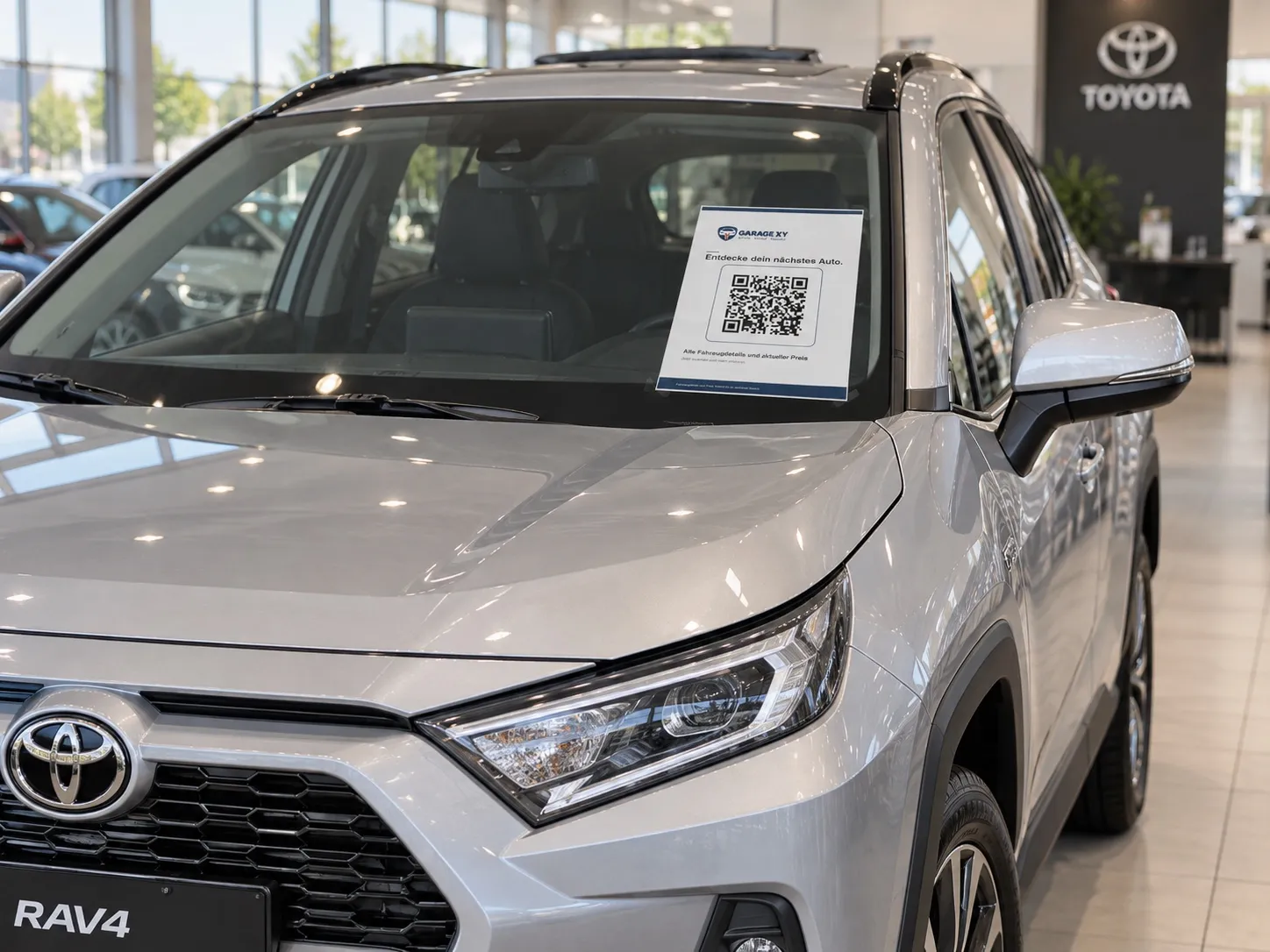 Ein silbriger Toyota RAV4 im Ausstellungsraum, hinter der Windschutzscheibe das A4-Schild mit Garagenlogo und QR-Code