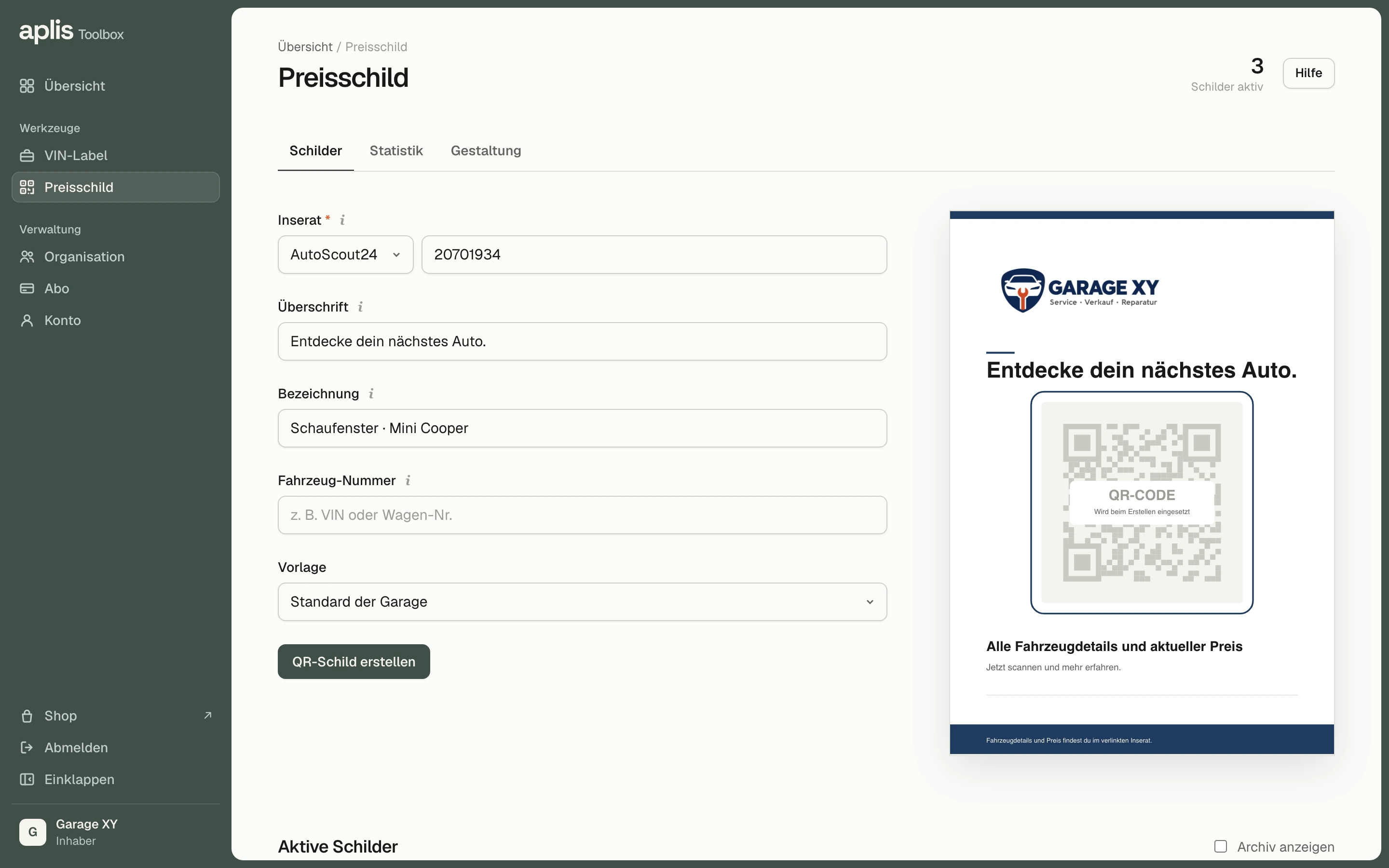 aplis Preisschild im Browser: Inserat-Nummer und Bezeichnung eingegeben, daneben die Vorschau des A4-Schilds mit Logo