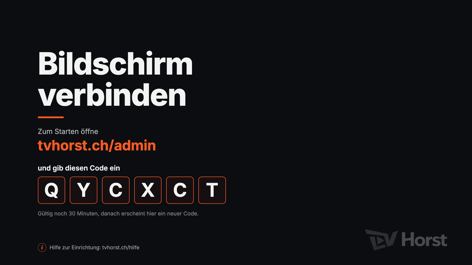 Ein Fernseher zeigt einen sechsstelligen Code zum Verbinden mit dem TV-Horst-Konto