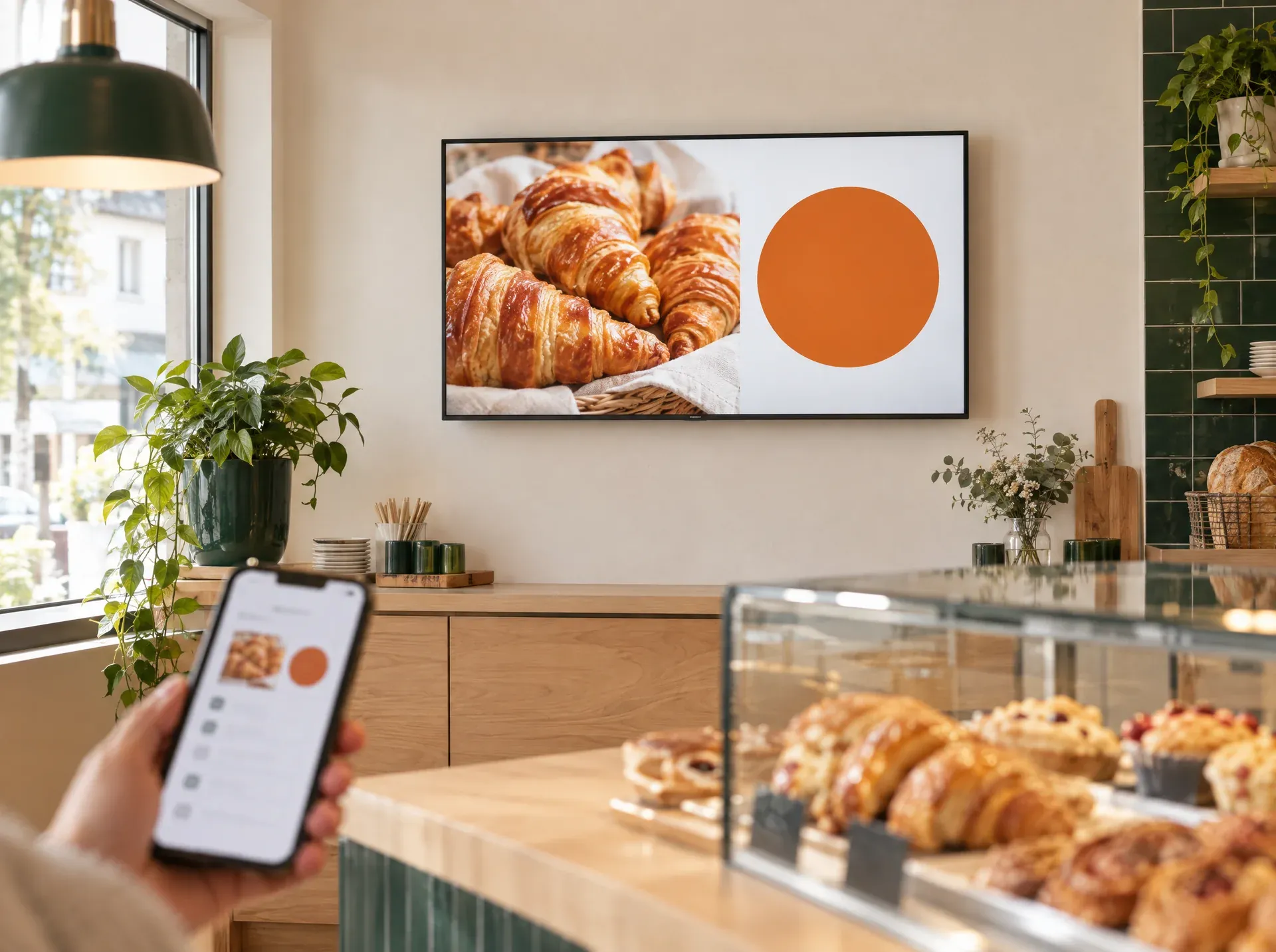Ein Bildschirm an der Wand einer Bäckerei zeigt ein Angebot mit Gipfeli, davor die Theke und eine Hand mit dem Handy, auf dem dieselbe Folie zu sehen ist