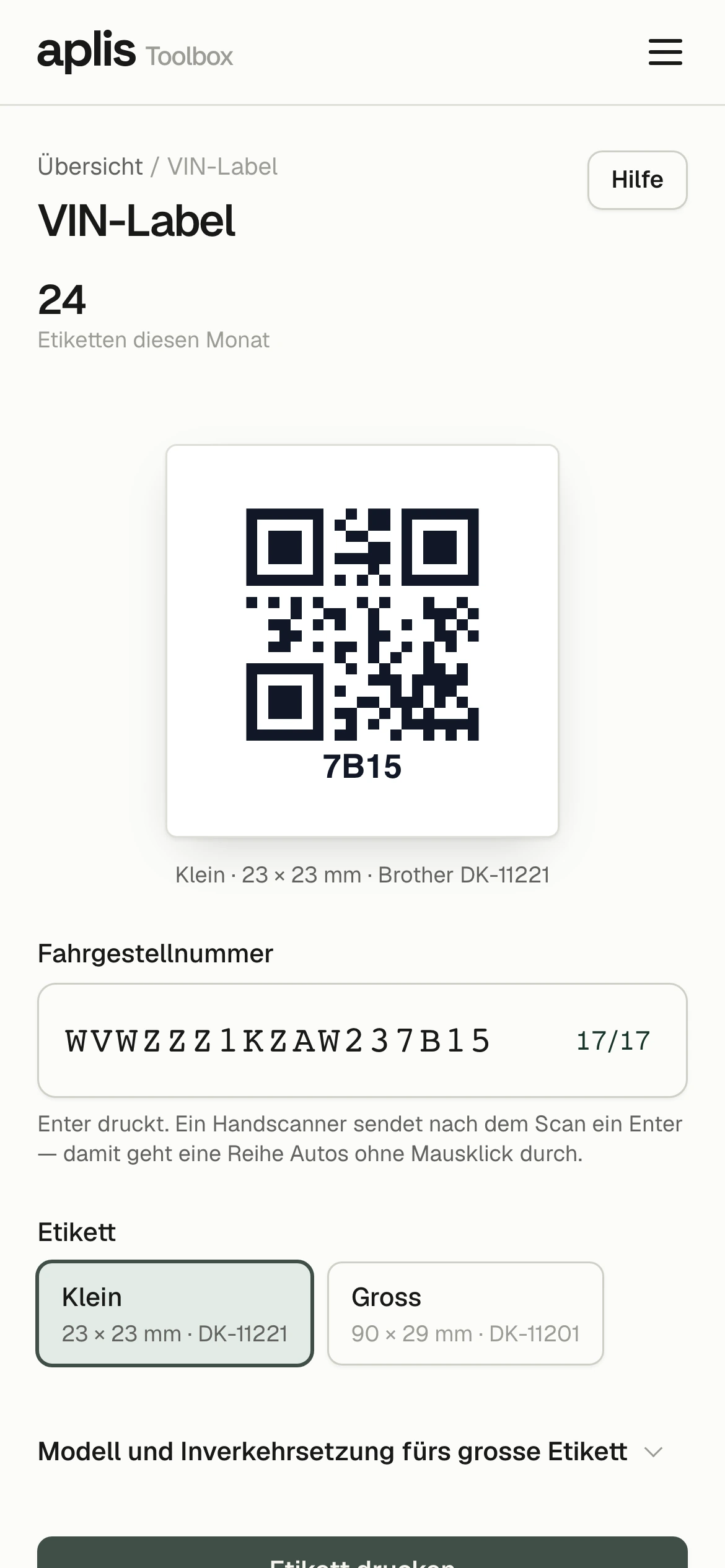 aplis VIN-Label auf dem Handy: Etikett mit QR-Code und das Feld für die Fahrgestellnummer